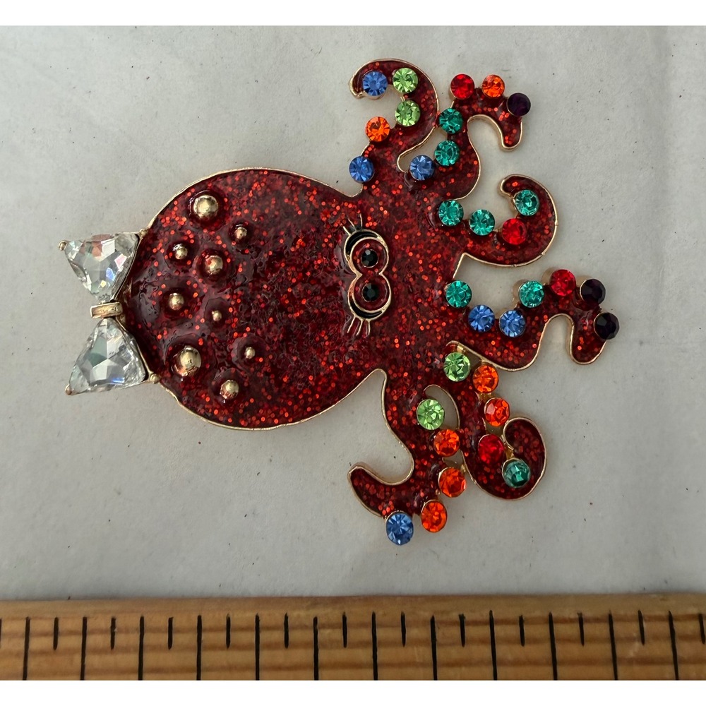 Red Glitter Octopus Brooch Multi Color Rhinestone Gold Tone Nautical Pin - Picture 5 of 7